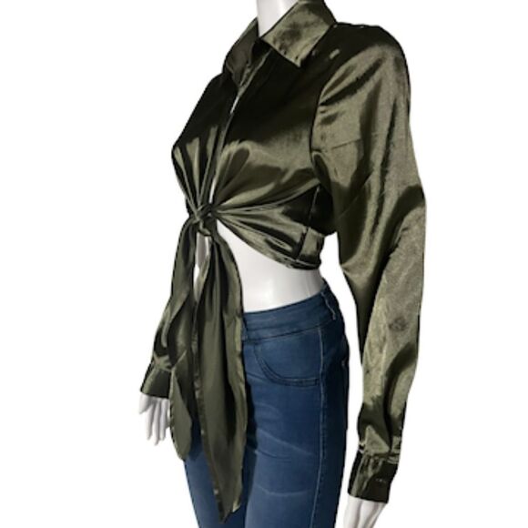 SHEIN Green Silk Like Wrap Blouse SZ S Shirt TOP Bishop Sleeves - Picture 3 of 6